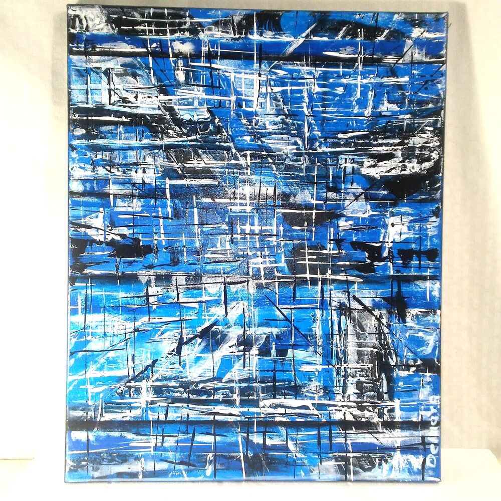 Blue Black White Abstract Painting Wall Hanging 20" x 16"Original DelMarq Signed